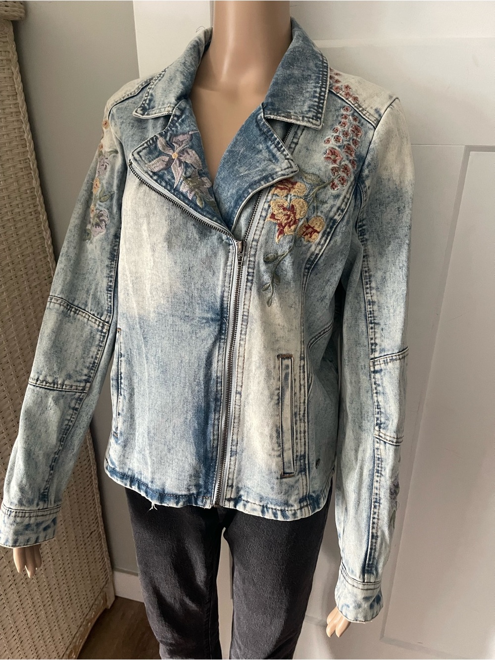 Cream Embroidered Denim Jacket